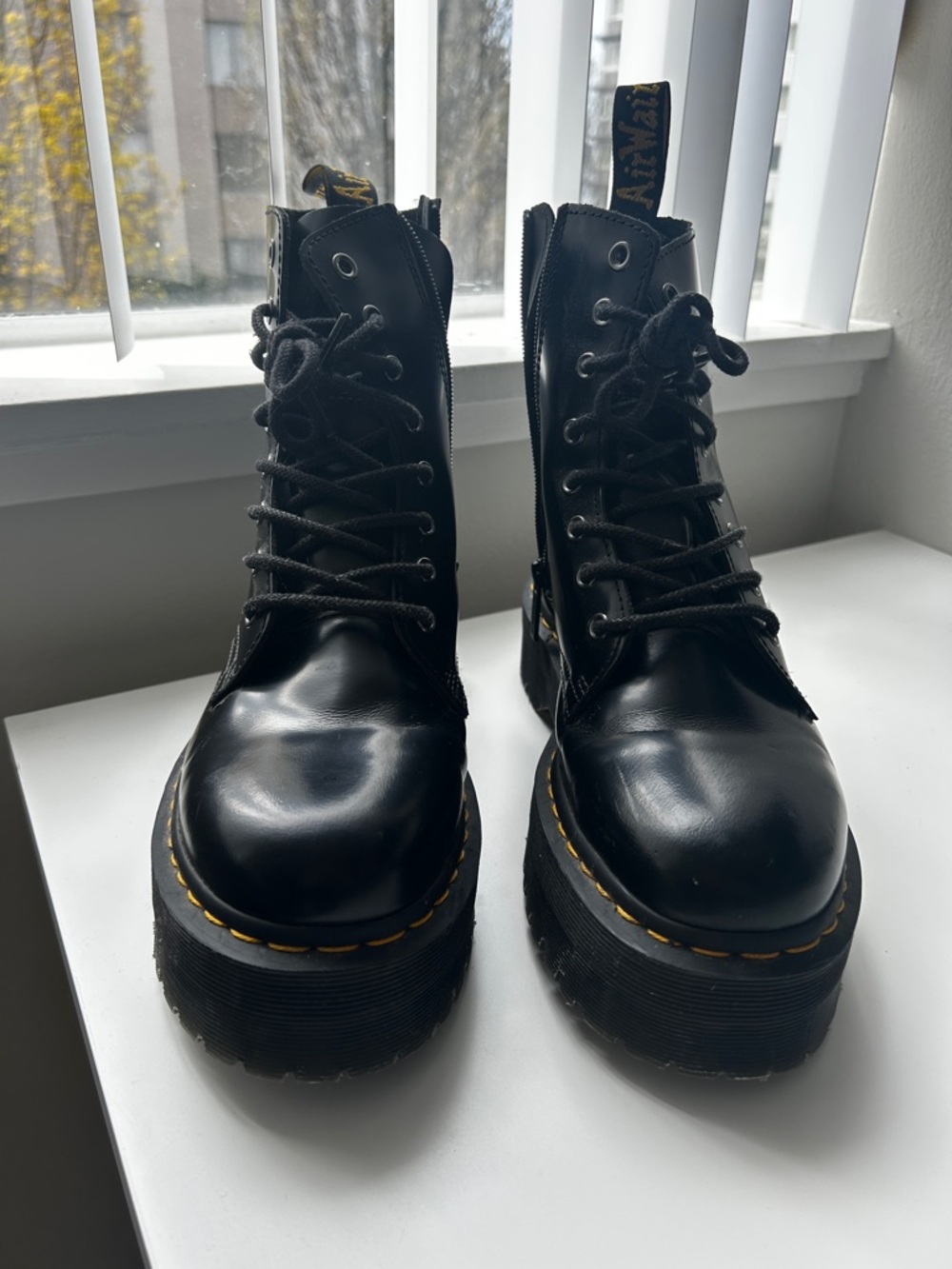 Dr. Martens Black Platform Lace-Up Boots with Yellow Stitching